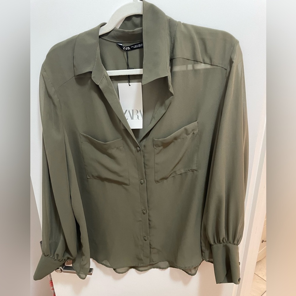 Zara Olive Green Sheer Button Down